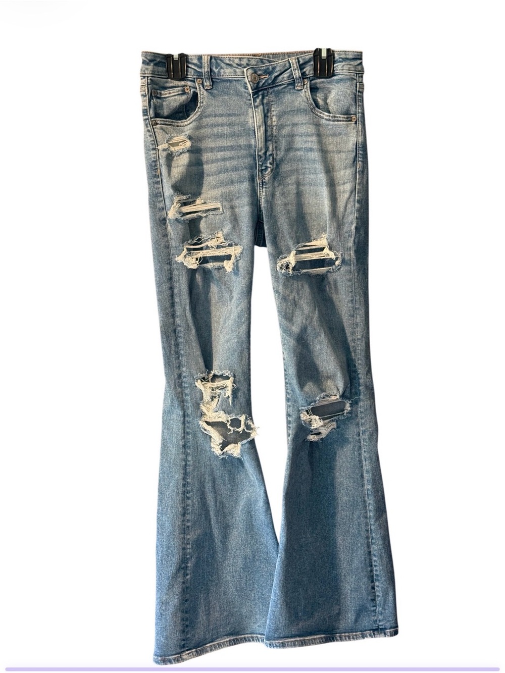 American Eagle Super High Rise Flare Jeans Distressed Next Level Stretch 12 Long - Picture 2 of 3